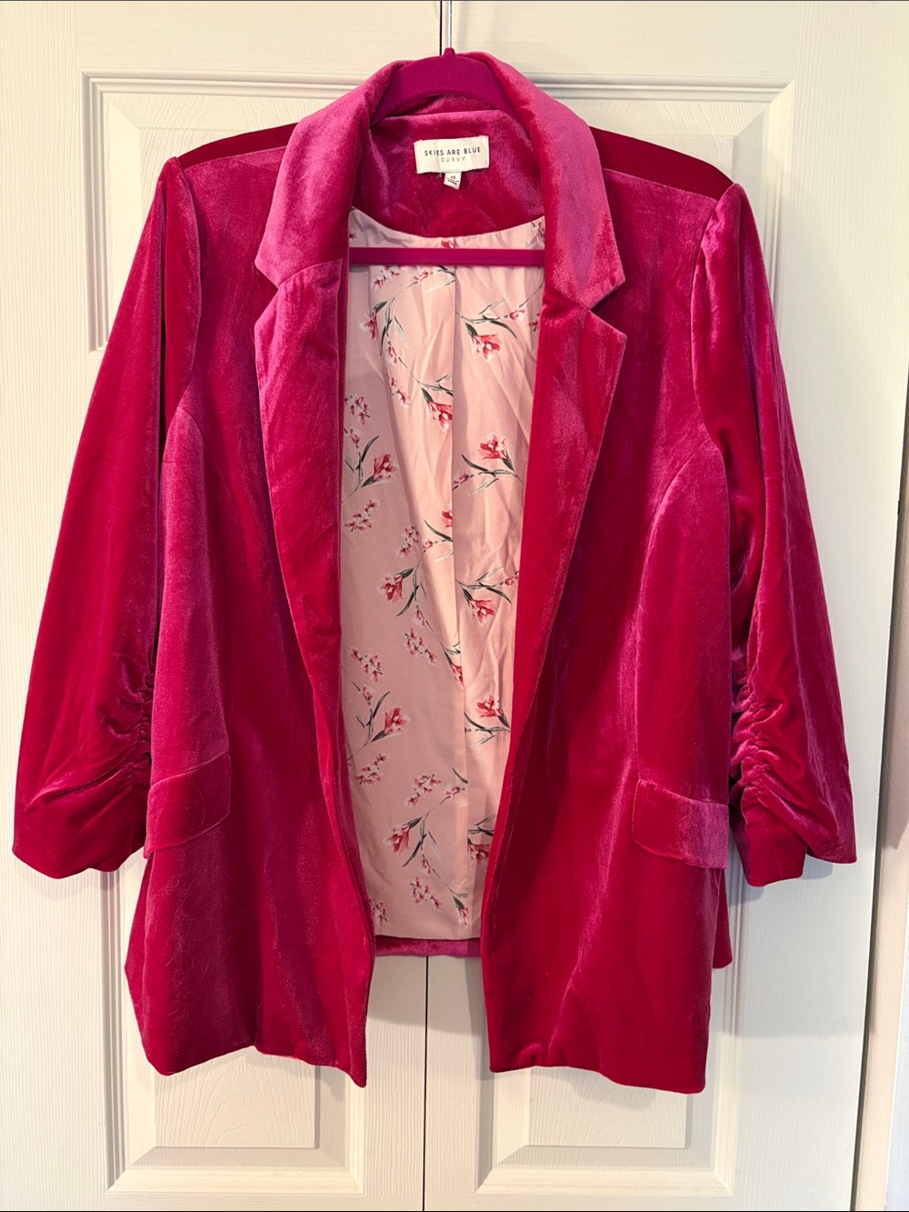 Skies Are Blue Fuchsia Velvet Blazer with Floral Lining